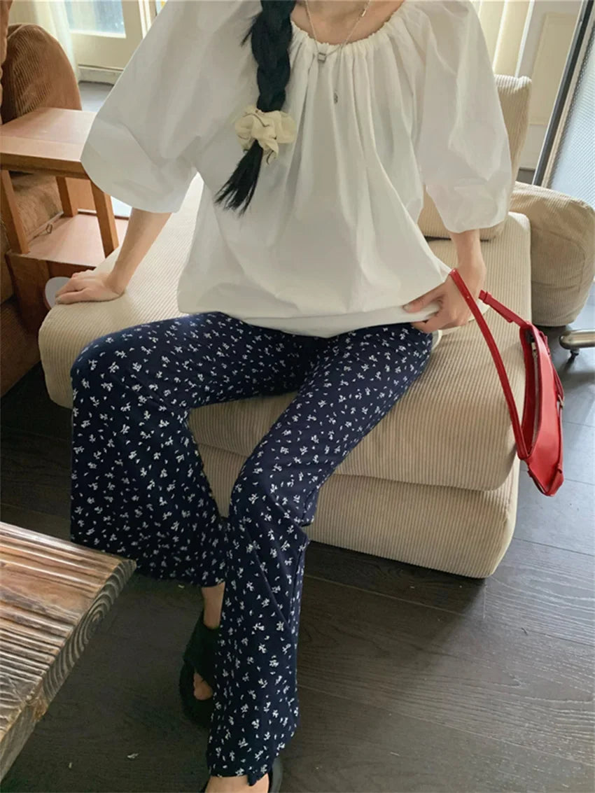 vmtvr Blue Flowers Flare Pants Women Chic Fashion New 2024 Mujer Short Sleeve Summer Loose T-Shirts Casual Gentle Daily