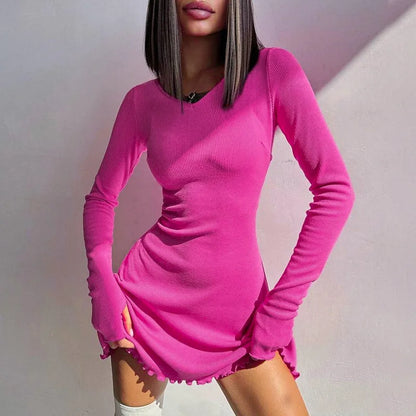 vmtvr Solid Knitted Mini Dress for Women Elegant Outfits Fall Long Sleeve Bandage A-Line Vestido Plunge Dresses Clothes