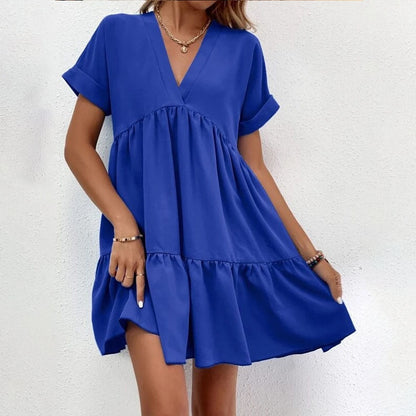 vmtvr - Casual Women Short Sleeve Mini Dress 2023 Spring Summer V-neck Loose Dresses Cute Solid Big Hem Beach Dress Robe De Plage