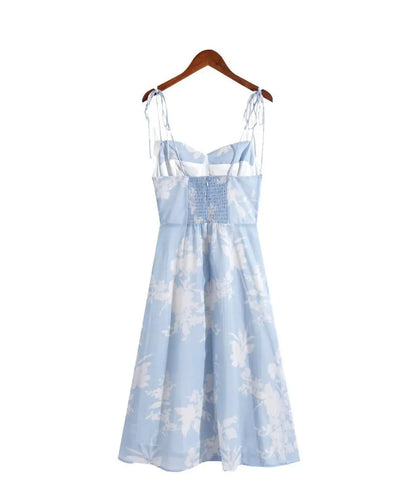 vmtvr Summer Camisole Blue Chiffon Dress Women Backless Floral Print Midi Dresses Bodycon