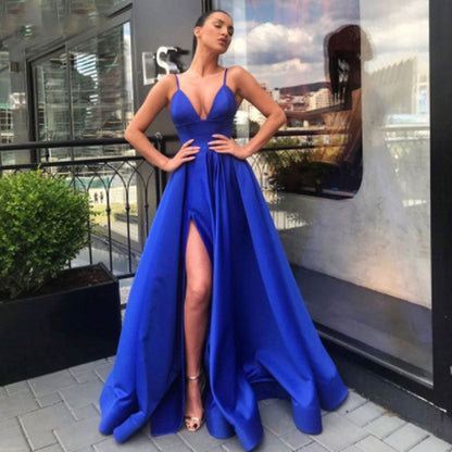 Sexy V- Neck Satin Prom Dresses Spaghetti Straps Side Slit Floor Length Evening Dress Party Dress Robe Soirée