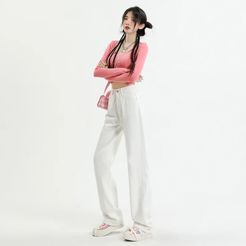 vmtvr White Cotton Wide Leg Jeans Spring and Summer Women High Waist Slim Original Dirty Korean Version Pink Design Straight Leg Jeans