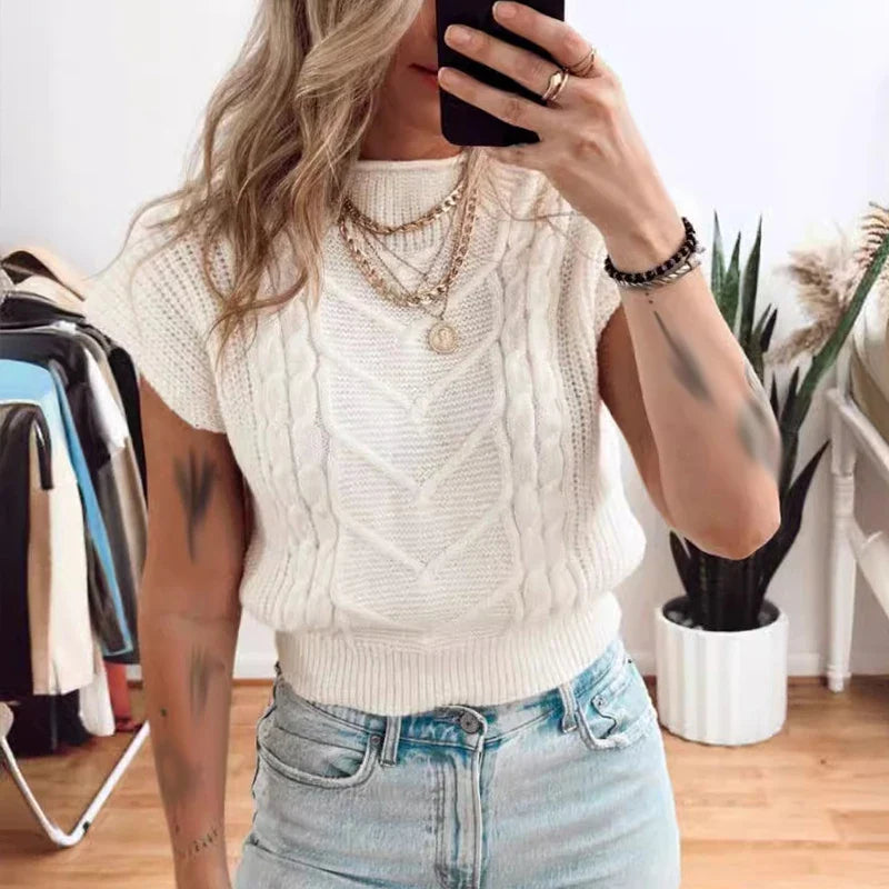 vmtvr 2024 Spring Summer Sleeveless Vest Sweater Women Elegant Half High Collar Loose Top Pullover Sexy Twist Knitting Jumper Harajuku