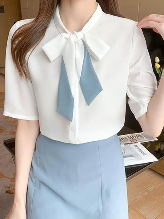 vmtvr Fashion Sweet Bow White Chiffon Shirt Women Korean Casual Short Sleeve Office Lady Blouse Summer All Match Loose Tops New