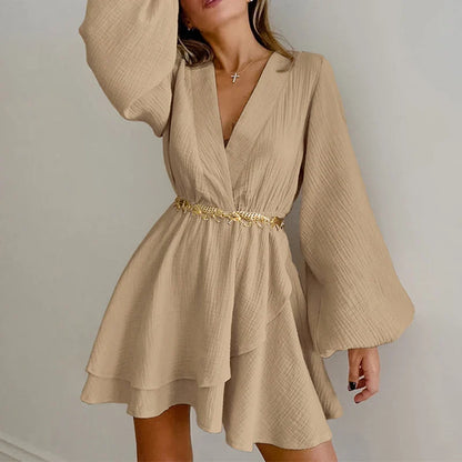 vmtvr Elegant V-neck Hight Waist A-Line Dress Spring Women Casual Lantern Long Sleeve Solid Mini Dress Fall Fashion Draped Party Dress