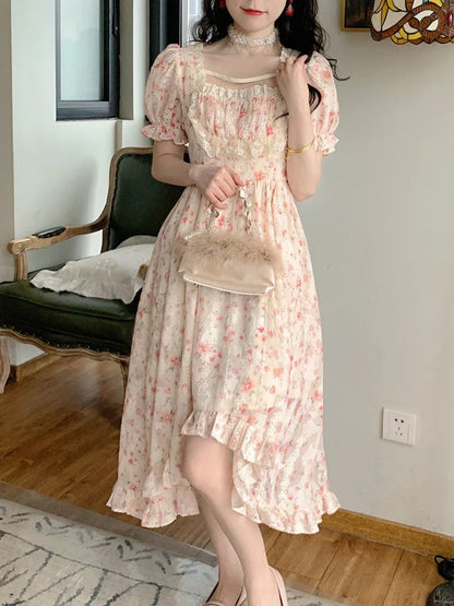 vmtvr Summer Floral Print Dress Women Lace Boho Kawaii Party Dress Female Casual Korean Fashion Holiday Lolita Elegant Midi Dress