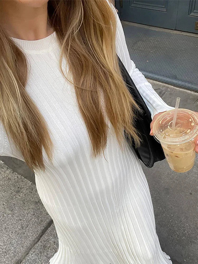 vmtvr  -  Elegant Knitted Pleated Maxi Dress Women Spring Ribbed O-neck A-line Dresses Female Casual Lace Up Apricot Fashion Robe