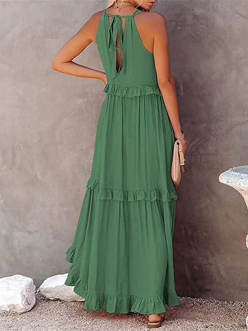 Summer Loose Long Dress Women Casual Elegant Ruffle Halter Sleeveless Female Party Outfits Beach Maxi Dresses Green Tie-Up Robe