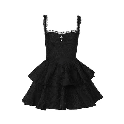 vmtvr  -  Gothic Jacquard Double Cake Suspender Dress Women Vintage Lace Trim Backless A Line Mini Dress Sexy Club Cami Dress