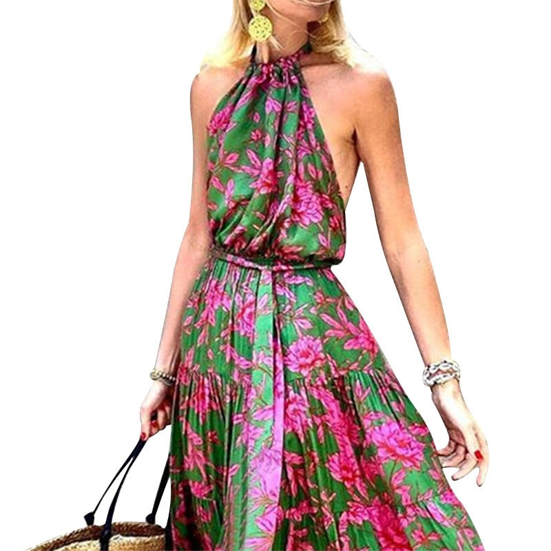 Summer Halter Sleeveless Floral Print Boho Dress for Women Pleated Stitching Maxi Dress High Waist Slim Lace Up Beach Dress