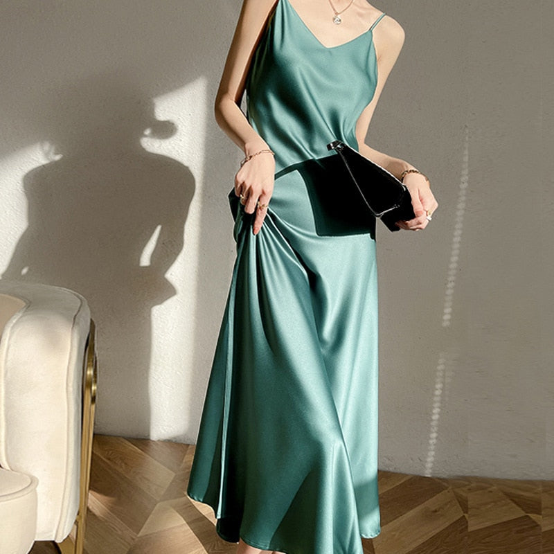 Vintage Satin Women&#39;s Dress Summer Sexy Spaghetti Strap Long Party Maxi Dresses Midi Robe Female Clothing