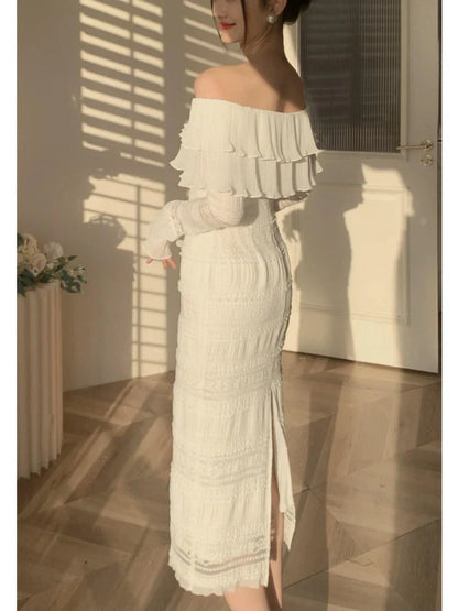 vmtvr White Elegant Vintage Midi Dress Women Ruffles Sexy Beach Party Bodycon Dress Female Silm One Piece Dress Korean Summer Y2k