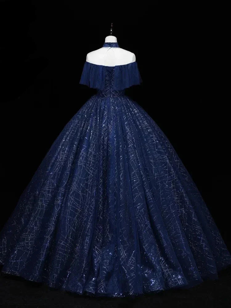 vmtvr  -  Dark Blue Long Prom Dress, Blue Tulle Formal Gown Graduation Dresses