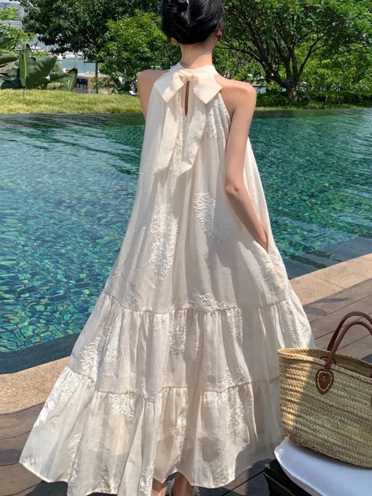 vmtvr Elegant Long Dresses for Women French Vintage Halter Sleeveless Embroidery Loose A-line Holiday Prom Robe Summer New Vestidos