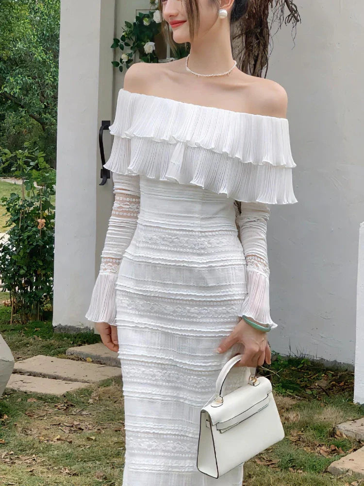 vmtvr White Elegant Vintage Midi Dress Women Ruffles Sexy Beach Party Bodycon Dress Female Silm One Piece Dress Korean Summer Y2k