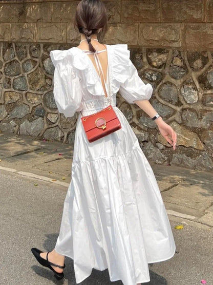 vmtvr Woman Backless White Casual Dresses Summer Chic Ruffles A-line Beach Vestidos Korean One-piece Short Sleeve Clothing