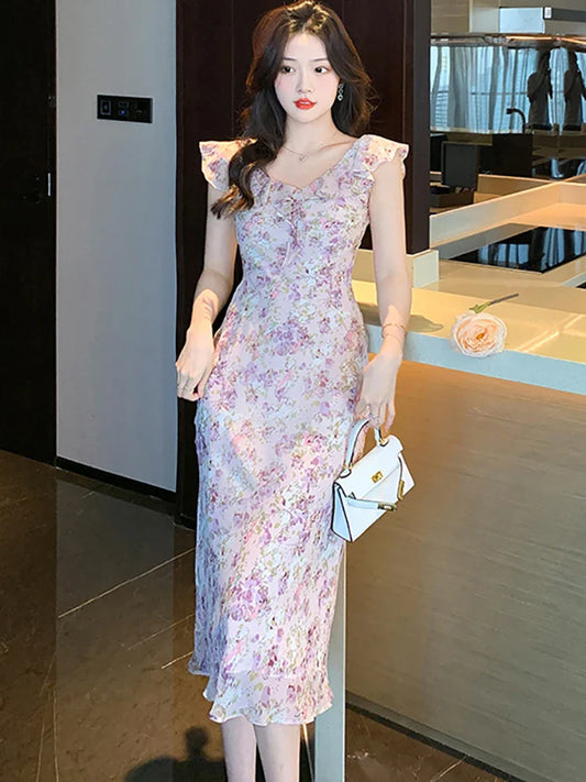 vmtvr Boho Fashion Floral Elegant Casual Women's Dress Summer Chic Ruffled V-Neck Sling Long Dress 2024 New Bodycon Holiday Prom Dress