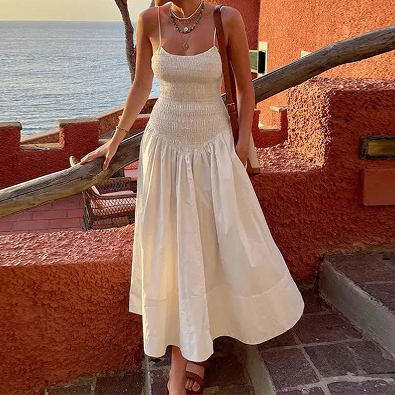 vmtvr Elegant Sleeveless High Waist Beach Dress 2024 Fashion Off Shoulder Pleated Holiday Dress White Summer Strap Long Dress