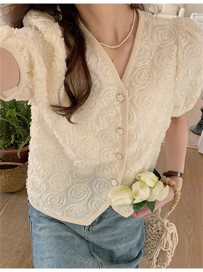 vmtvr Summer Shirts Flowers Gentle Short Sleeve OL All Match Office Lady Slim V-Neck Embroidery Blusas Chic New