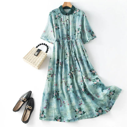 New Arrival Fashion Casual Loose Dress Drawstring Print Vintage Short Sleeve Women Summer Elegant Holiday Dresses Clothing