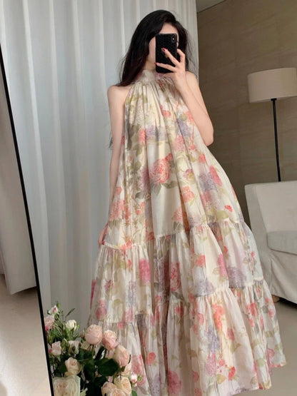 Summer Women Elegant Floral Print Maxi Dresses New Fashion Sleeveless Loose Ruffle Y2k Dress Beach Birthday Party Robe