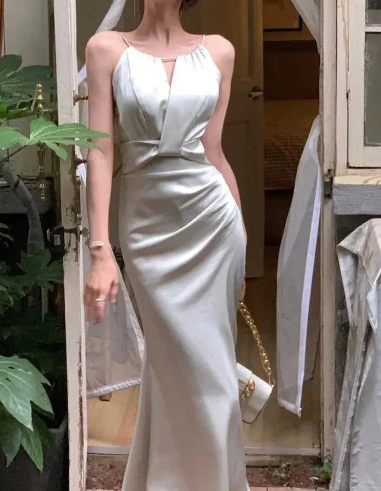 vmtvr Korean Chic Solid Party Prom Dress Elegant Sleeveless Wedding Mermaid Robe Women Sexy Hollow Out Evering Vestidos Summer Clothes