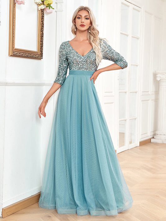 Sexy V-neck Chiffon Evening Dress Long Formal Prom Party Gown Full Sequins Long Sleeve Galadress Vestidos Women Dress