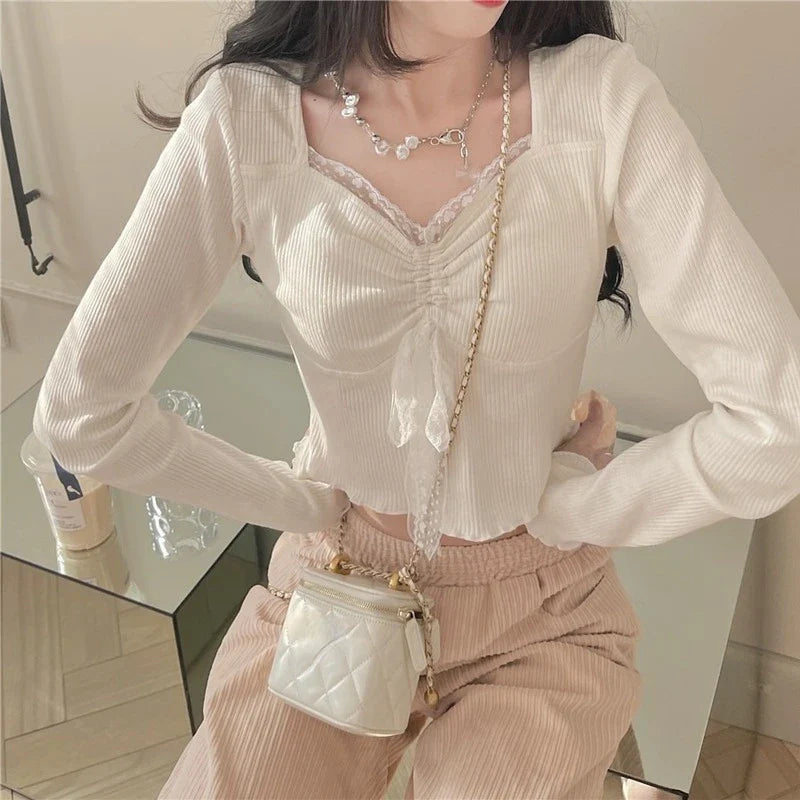 -Fall Outfits Long Sleeve Top Autumn White Kawaii Lolita Female Blouse Lace Japanese Sweet Long Slevee Tops Women Knitted Casual Korean Designer Clothing