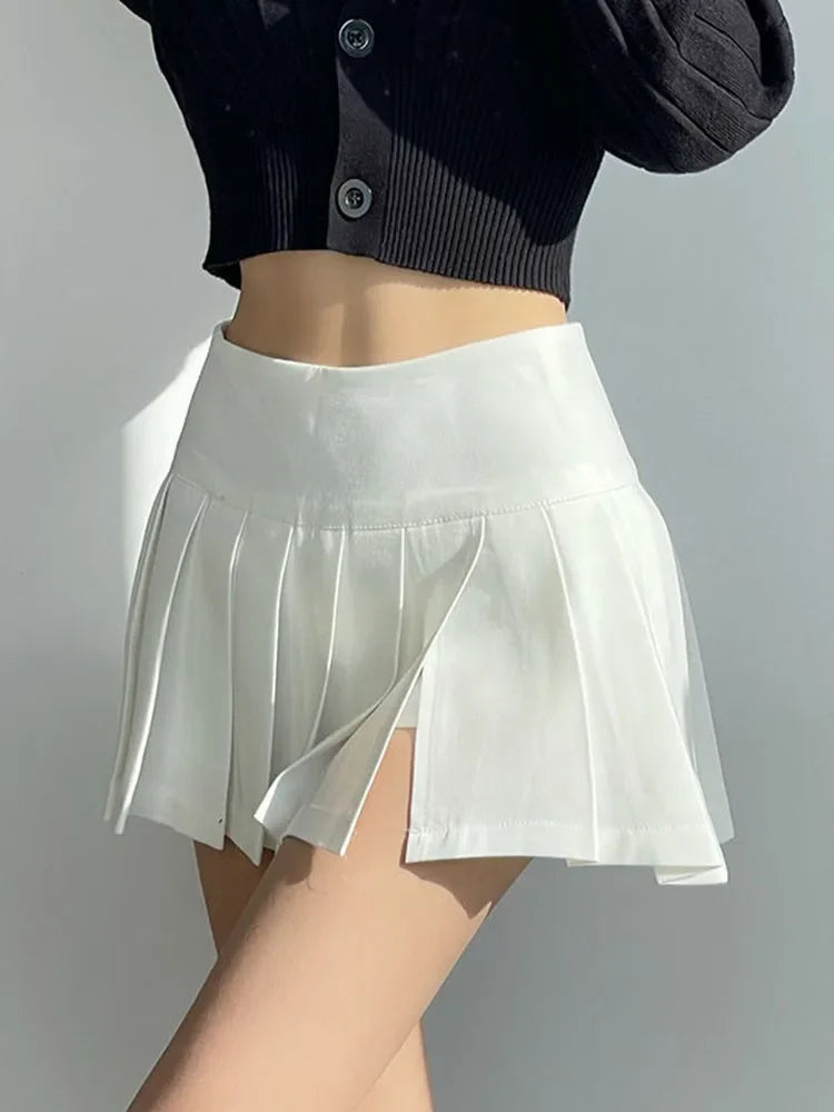 vmtvr Korean Sexy Slit Pleated Mini Skirt Women Fashion High Waist Preppy Style A Line Skirt Summer Solid Color Zipper Skirt New