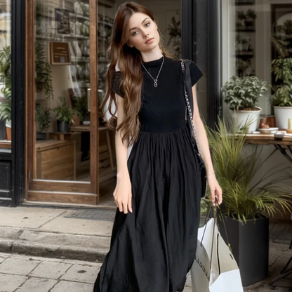 vmtvr  -  Long Dresses Womens Dresses New in Black Dress Summer Stitching Short Sleeve Round Neck Waist Slim Long Skirt High-End Women