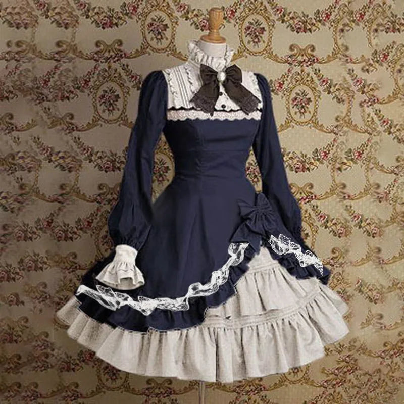 vmtvr  -  Japanese Style  Women Gothic Cosplay Dresses High Waist Contrast-Color Ruffled Sweet Lolita Dress Kawaii Clothing