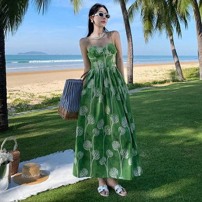 vmtvr 2024 New Summer Green Floral Vacation Dress for Women High Quality Female Korean Evening Clothing Long Sweet Boho Beach Dresses