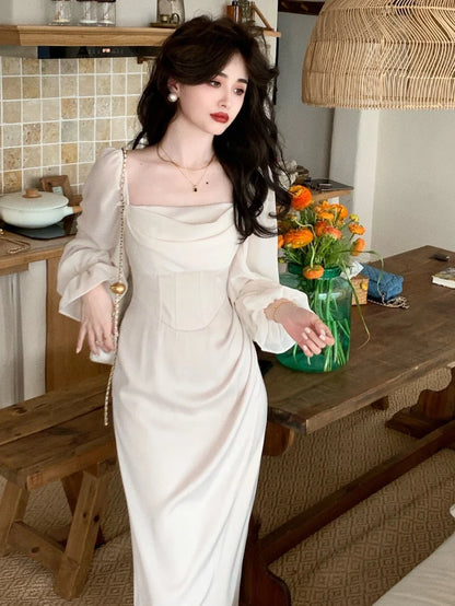 vmtvr  -  Vintage Wedding Party Midi Dresses for Women Spring New Square Collar Long Sleeves Elegant Fashion Evening Prom Female Clothing