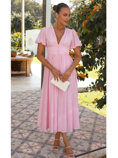 vmtvr  -  V-neck Yellow Puff Sleeve Split Solid Summer Women Dress A-line Maxi Long Sundress Vestido Button Beach Dress Party