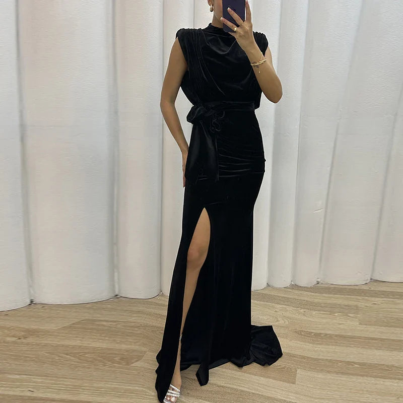 vmtvr Sexy O-neck Sleeveless Soft Velvet Party Dress Women Spring Solid Slim High Slit Draped Long Dress Summer Hollow Mermaid Dresses