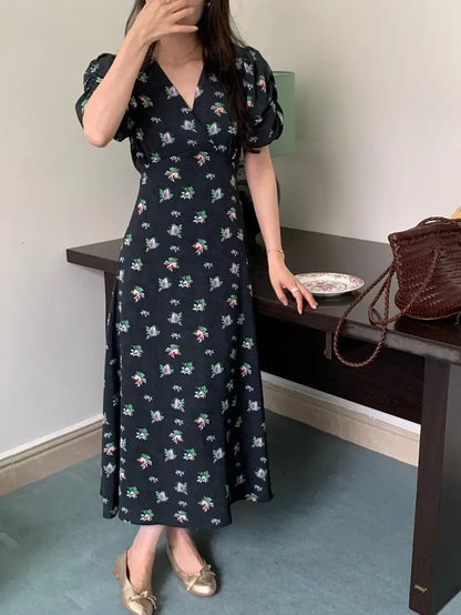 vmtvr  -  Floral Print Long Dress Women Vintage Boho Puff Sleeve Party Dress Holiday Wear Summer