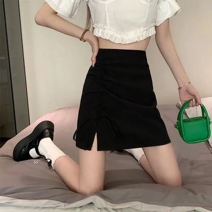 vmtvr Lace Up Women High Waist Skirts Summer Fashion Shirring Female Mini Skirts Y2K Casual Korean Slim Fit Split Skirts