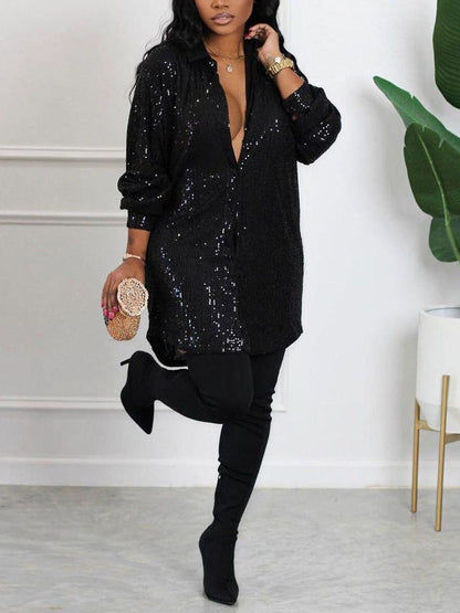 Women Fashion Elegant Turn-down Collar Mini Casual Loose Dress Oversize Long Sleeve Allover Sequin Shirt Dress