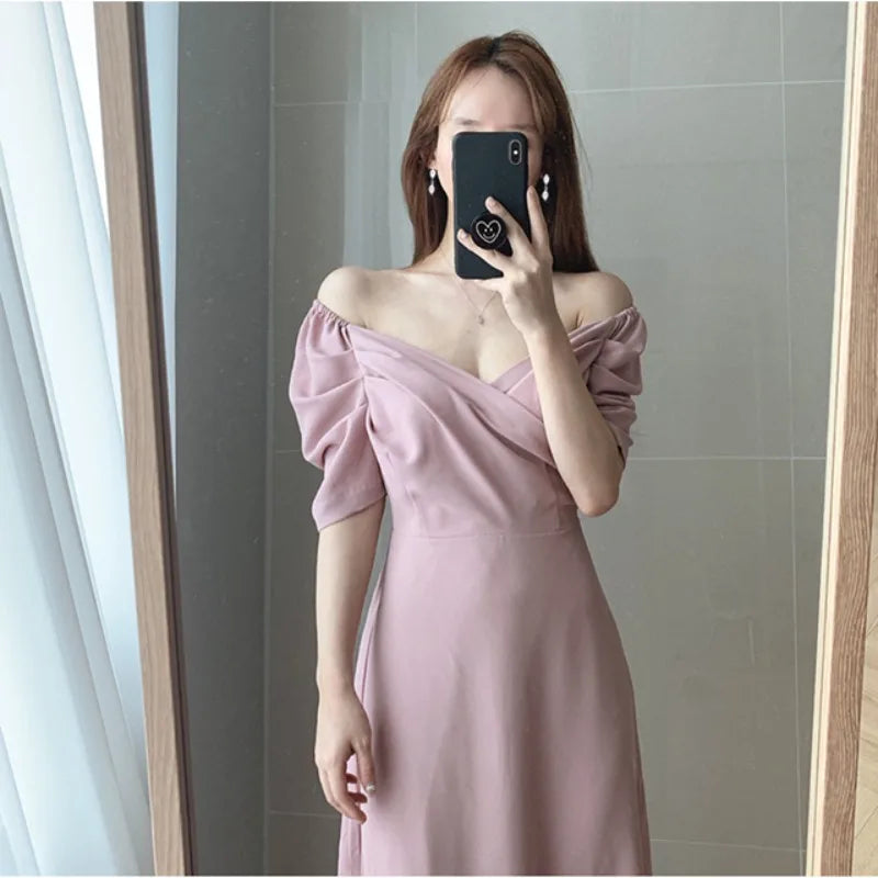 vmtvr  -  Vintage V-neck Slim Chiffon Women Dress Elegant Puff- Sleeve White Ladies Dresses Summer Party Pink Midi Dresses Vestidos