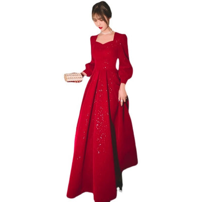 vmtvr Women Evening Dresses Long Sleeve Elegant Square Collar Red Sequins Simple Prom Party Dress Long A-line Formal Vestidos