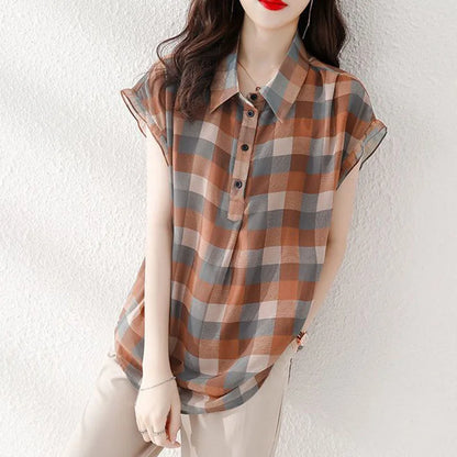 vmtvr Elegant Women Plaid Shirts Summer Korean Fashion Streetwear Female Loose Short Sleeve Tops Y2K All Match Casual Blouse