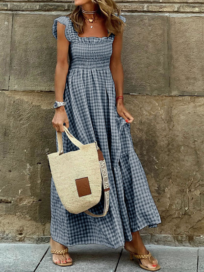 Summer Sling Long Dress Retro Plaid Pattern Beach Party Dress Women Sexy Square Neck Sleeveless Loose Maxi Dresses Vestidos