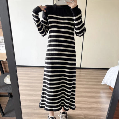 vmtvr Striped Knitted Robe Dresses Clothing For Women Autumn Winter Vintage Casual A Line Long Sleeve Maxi Sweater Dress Female