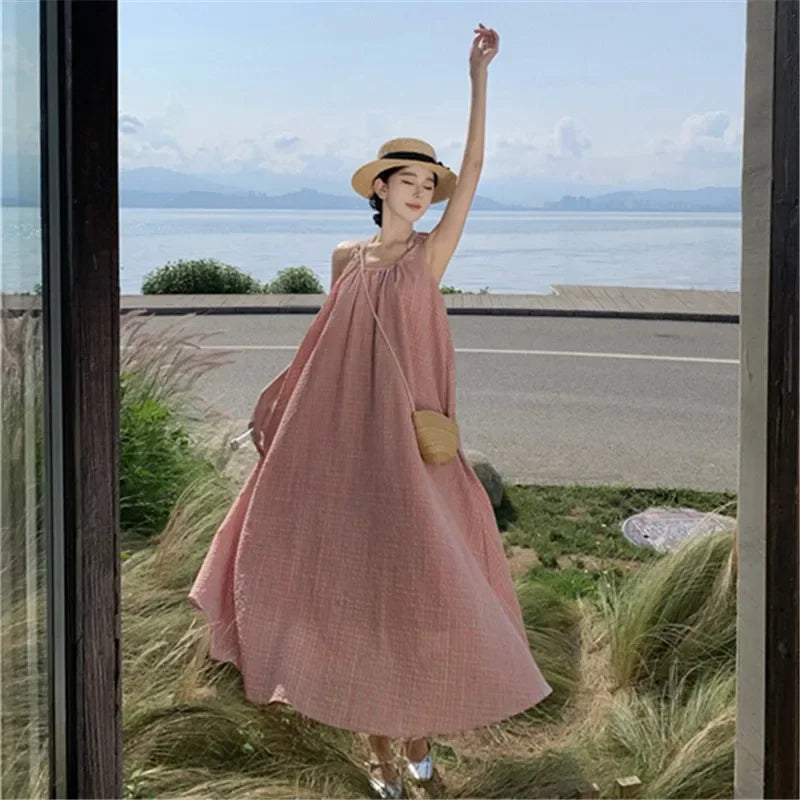 vmtvr  -  Halter Beach Holiday Style Dress for Women Sleeveless Plaid Vacation Summer Japanese Lolita Sundress Loose Long Clothes New