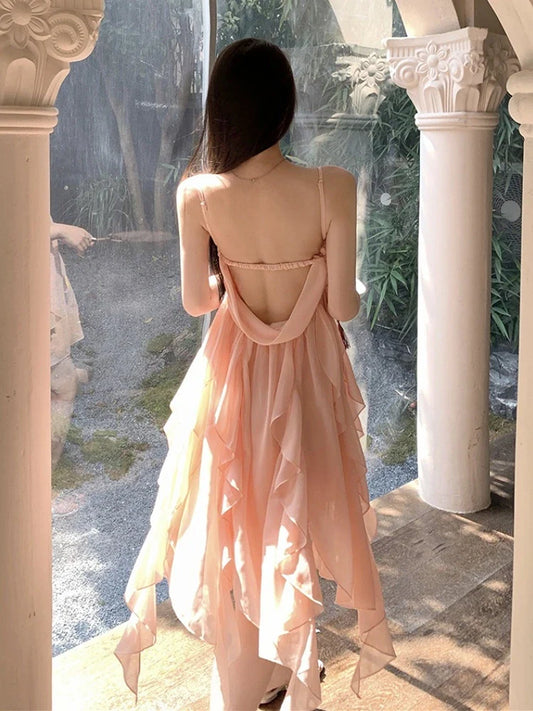 vmtvr Fairy Chiffon Pink Strap Dress Women Sexy Backless Even Party Dress Beach Style Casual Y2k Mini Dress Korean Summer  Chic