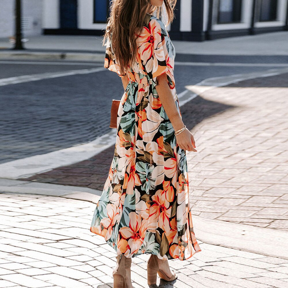 vmtvr -  Spring New Chiffon Dress V Collar Raglan Sleeve Beach Vestidos Boho Floral Printed Split Maxi Dress Mujer Robe Femme été