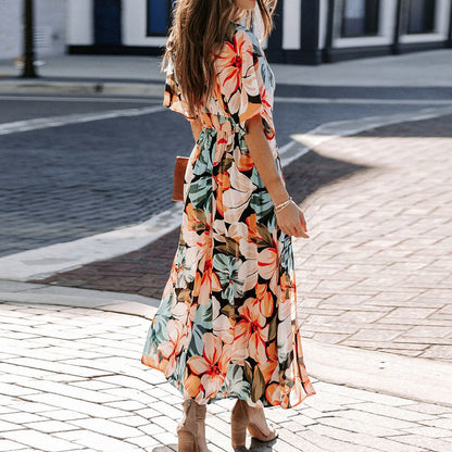 vmtvr -  Spring New Chiffon Dress V Collar Raglan Sleeve Beach Vestidos Boho Floral Printed Split Maxi Dress Mujer Robe Femme été