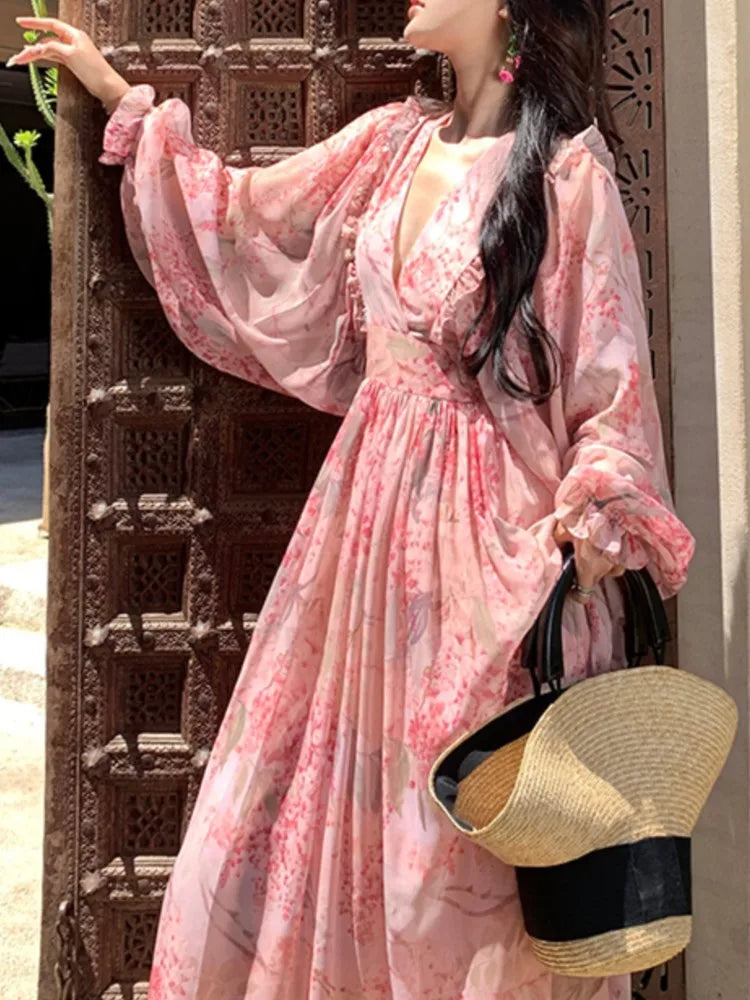 vmtvr Spring And Summer Floral Print Long Dress For Women Lantern Sleeve  Beach Holiday Dresses V-Neck Long-Sleeved Robe Clothes