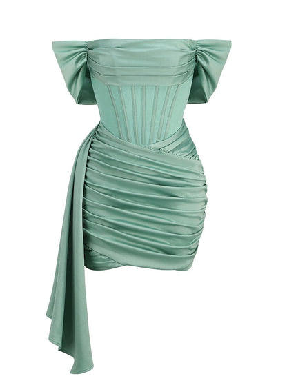 New Green Satin Draping Off Shoulder Corset Dress Elegant Backless Pleated Slim Mini Dress Celebrity Club Night Party Evening