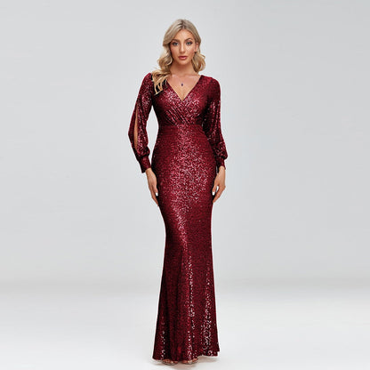 New Women Elegant V-neck Mermaid Evening Dress Floor Length Formal Prom Party Gown Sequins Long Sleeve Galadress Vestidos